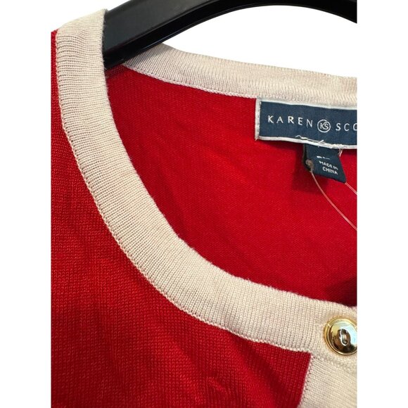 Karen Scott Womens Petite Large Red Cardigan Button Front Long Sleeve Contrast T - Picture 5 of 6